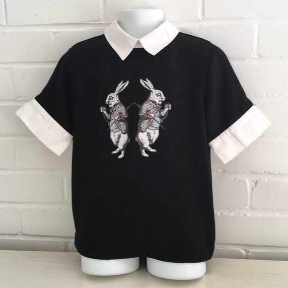 Girls Teens Womens Spring Easter Black Shirt White Collar Rabbit Design Size S - Picture 1 of 5
